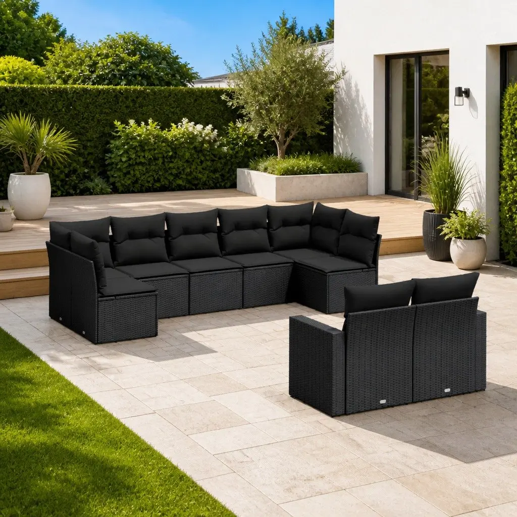 9 Piece Black Poly Rattan Garden Sofa Set