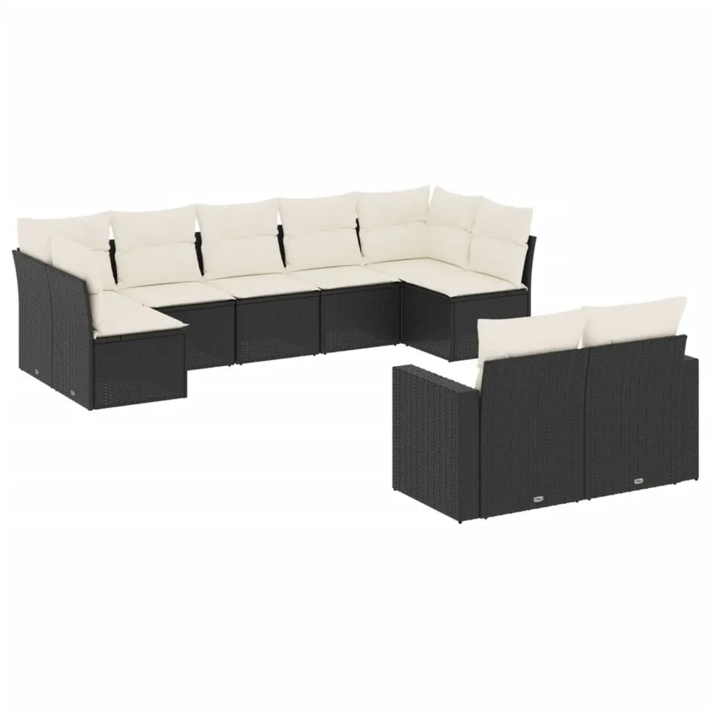 9-Piece Black Poly Rattan Outdoor Sofa Set