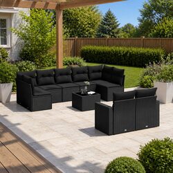 Modular 10-Piece Black Poly Rattan Outdoor Sofa Set