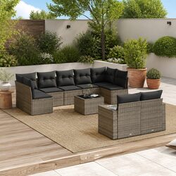 10-Piece Grey Poly Rattan Garden Sofa Set with Storage