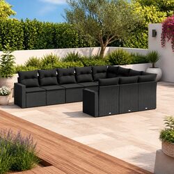 10-Piece Black Poly Rattan Outdoor Sofa Set