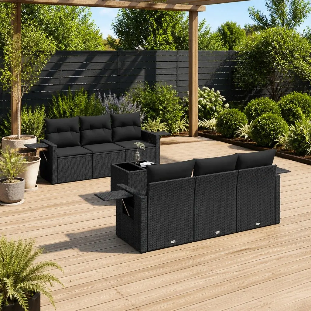 7 Piece Garden Sofa Set PE Rattan Black with Cushions
