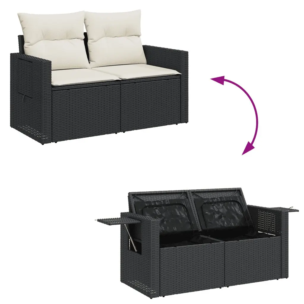 7 Piece Outdoor Garden Sofa Set with Cushions Storage Black Poly Rattan