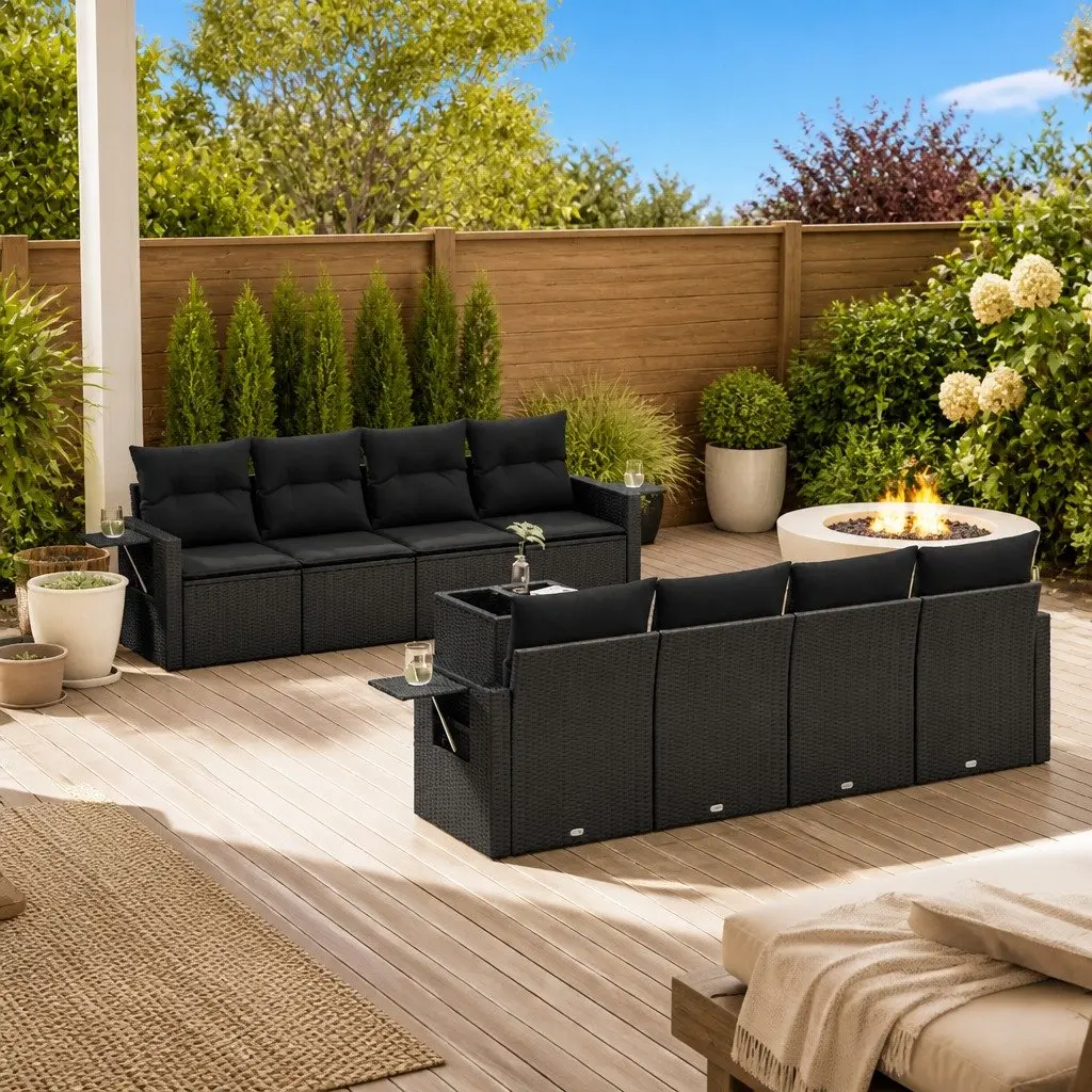 9-Piece Black Rattan Garden Sofa Set with Cushions