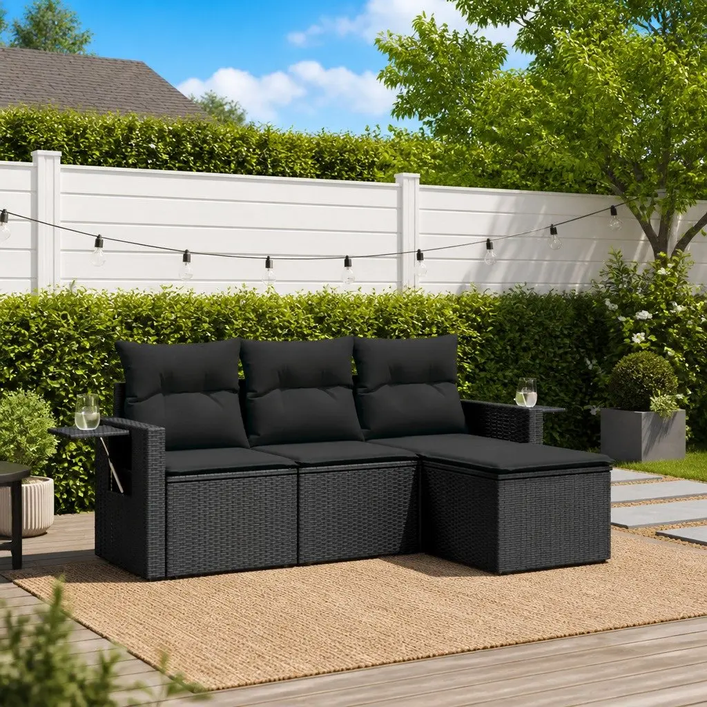Garden Sofa Set PE Rattan 4 Piece Outdoor Furniture Black Modular with Cushions and Foldable Side Table
