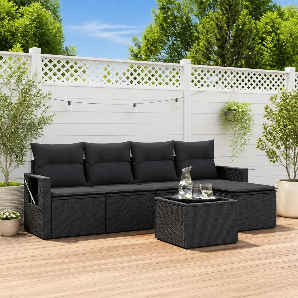 Black Poly Rattan 6-Piece Outdoor Sofa Set