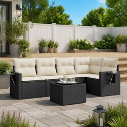 Black Poly Rattan Garden Sofa Set - 6 Piece Outdoor Furniture