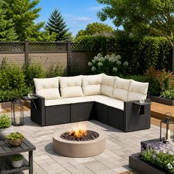 5-Piece Black Poly Rattan Garden Sofa Set