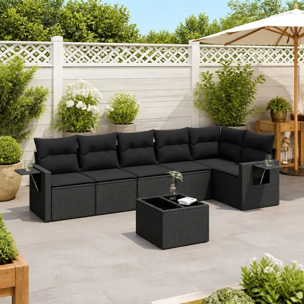 7 Piece Garden Sofa Set PE Rattan Black Outdoor Furniture with Storage