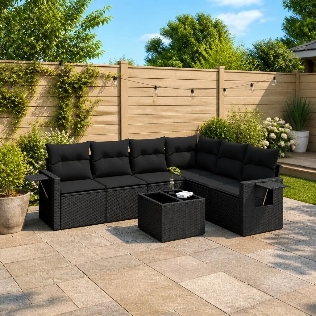 7 Piece Garden Sofa Set PE Rattan Black with Cushions