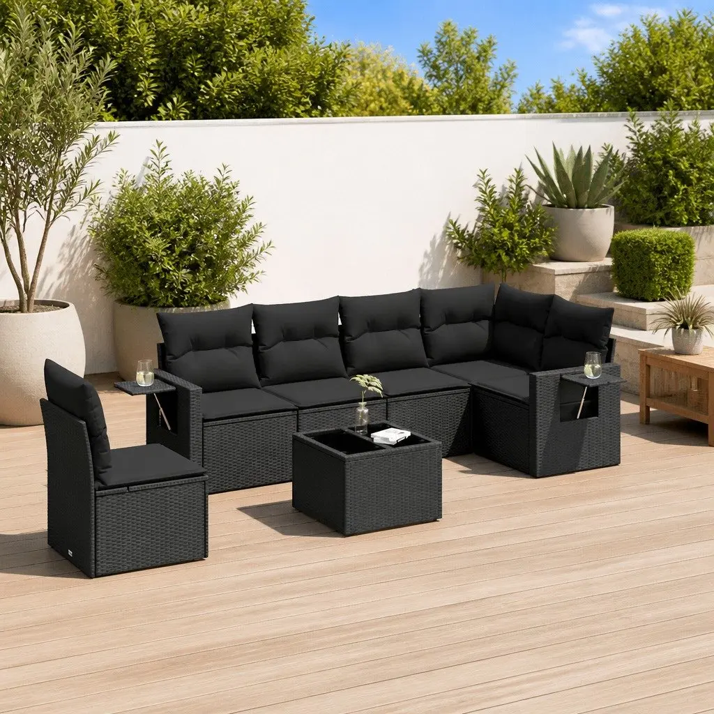 Garden Sofa Set PE Rattan 7 Piece Modular Outdoor Furniture Black