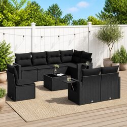 Durable 9 Piece Black Poly Rattan Garden Sofa Set