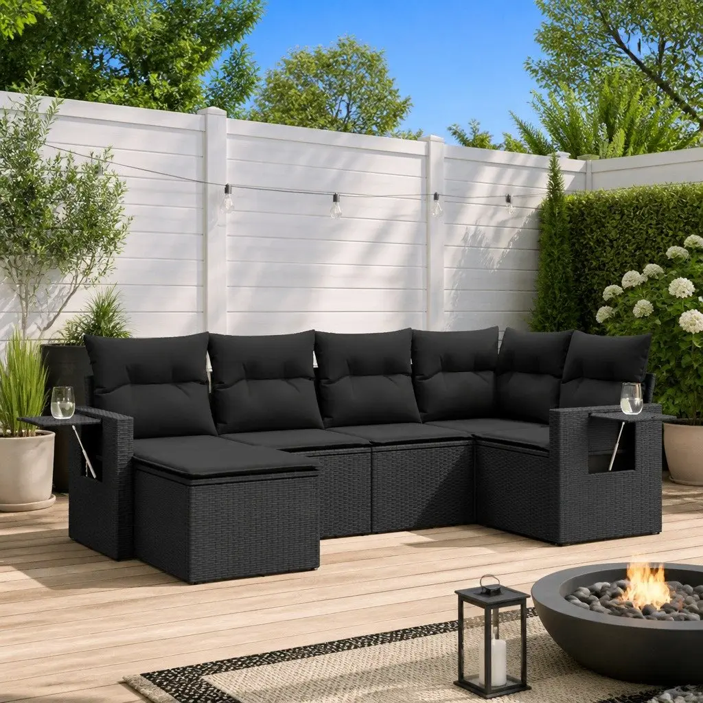Garden Sofa Set PE Rattan 6 Piece Outdoor Furniture Black Patio Seating