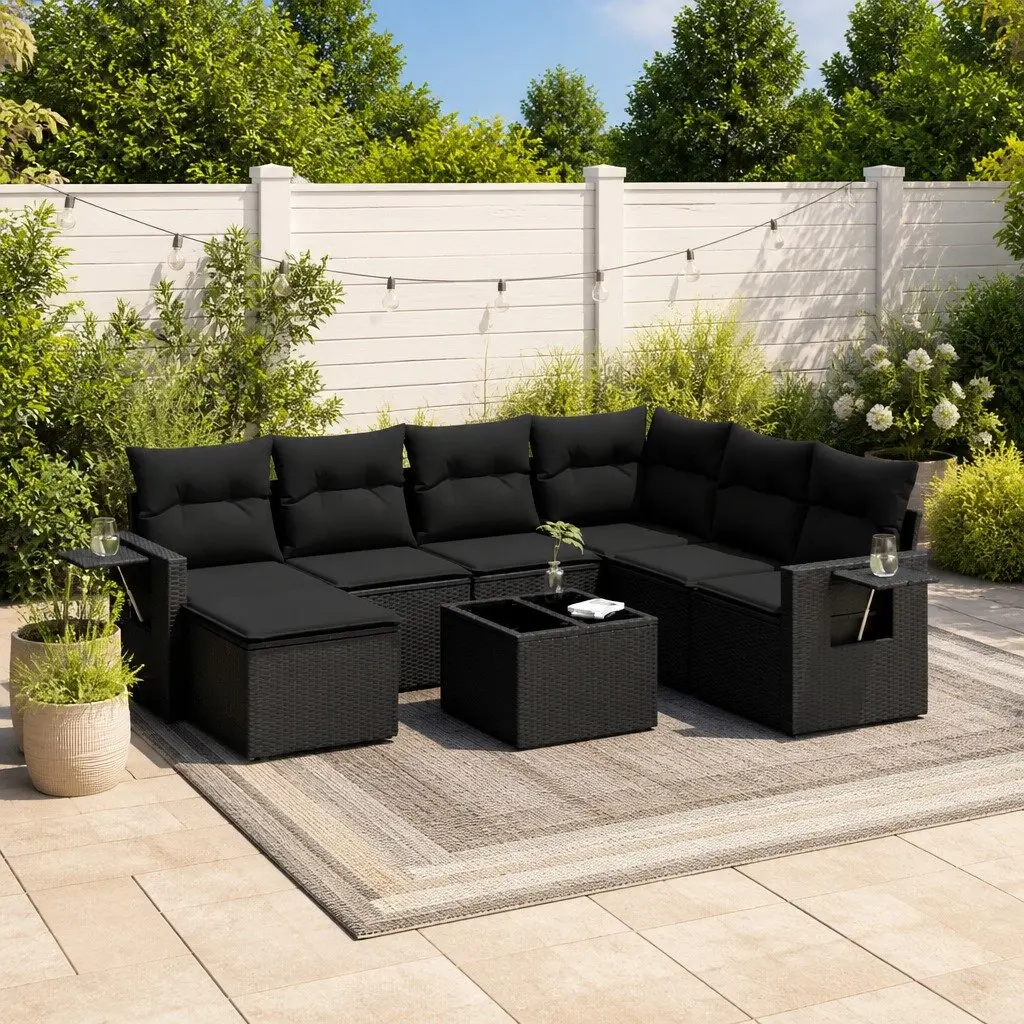 8-Piece Black Poly Rattan Garden Sofa Set