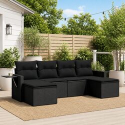 Black Poly Rattan 6-Piece Garden Sofa Set for Outdoors