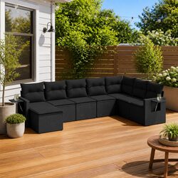 8 Piece Black Poly Rattan Outdoor Garden Sofa Set