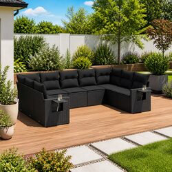 9 Piece Outdoor Garden Sofa Set in Black Poly Rattan