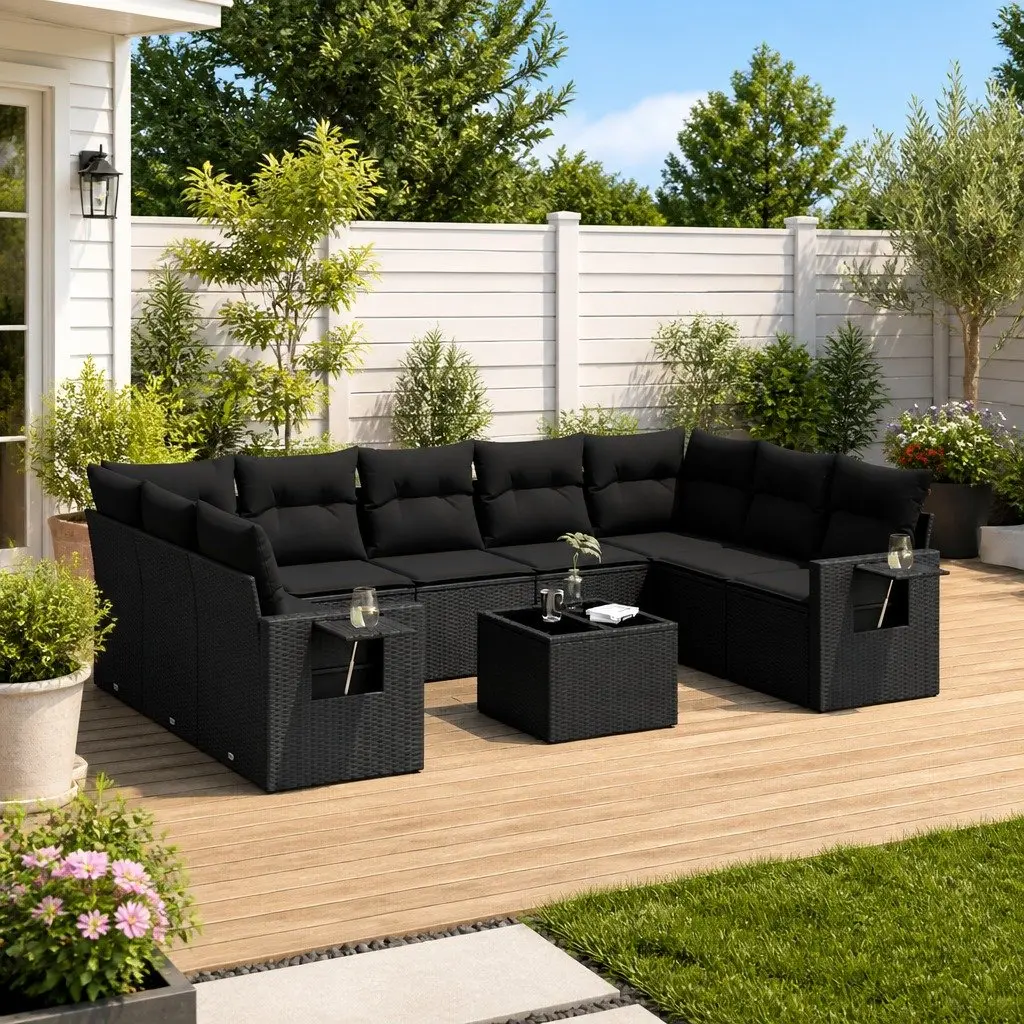 Garden Sofa Set PE Rattan 10 Piece Outdoor Furniture Black Modular Patio