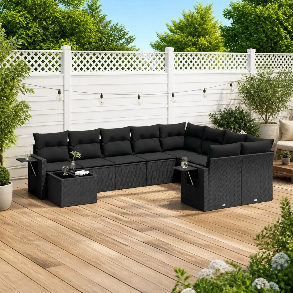 10-Piece Black Poly Rattan Garden Sofa Set