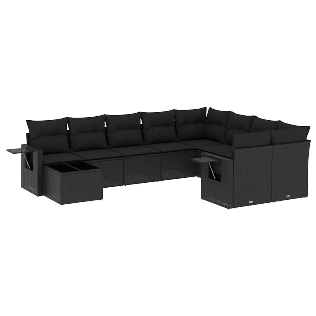 10-Piece Black Poly Rattan Garden Sofa Set