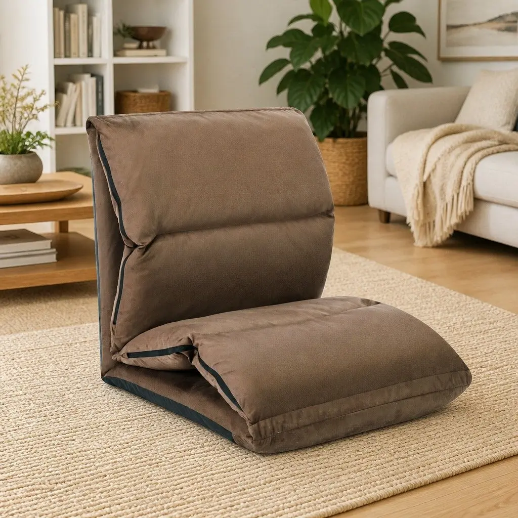 Taupe Folding Floor Chair with Adjustable Recliner