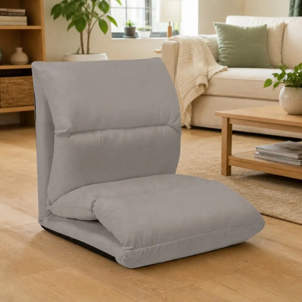 Adjustable Chaise Lounger Floor Chair in Grey Microfibre