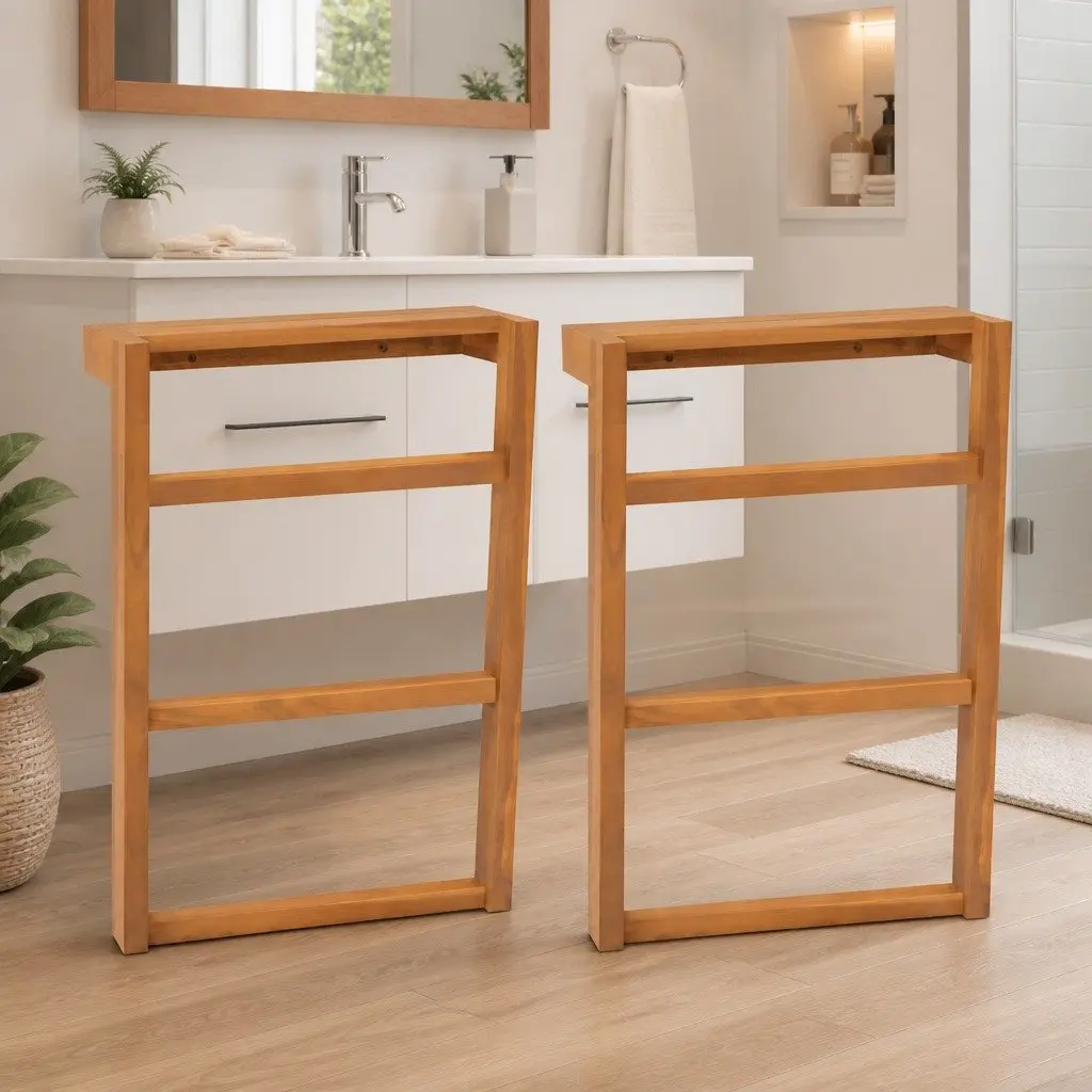 Towel Rack Solid Teak Wood Bathroom Holder Storage Rustic Design 2 Pack Set
