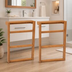 Solid Teak Wood Towel Rack for Bathroom Storage - 2 Pack