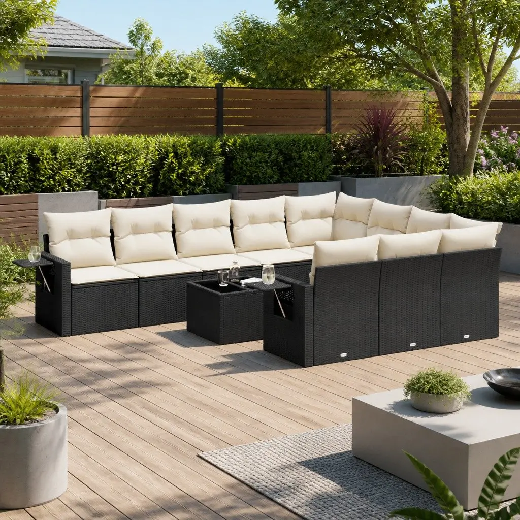 Modular 11-Piece Black Poly Rattan Garden Sofa Set