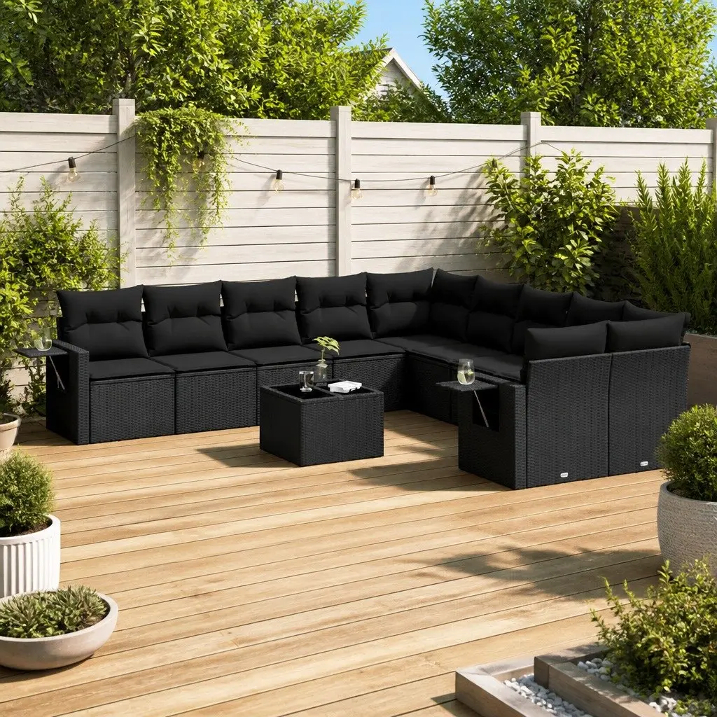11-Piece Black Poly Rattan Garden Sofa Set