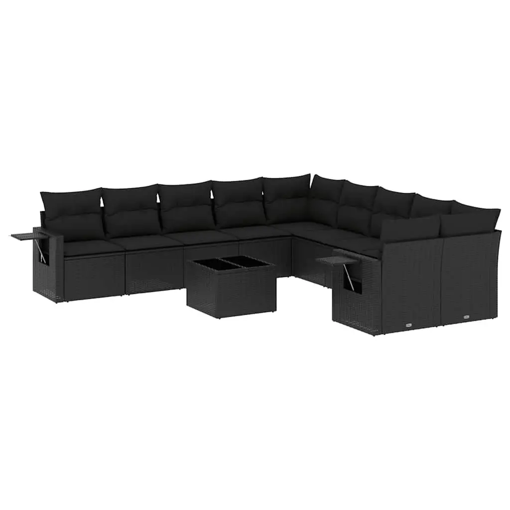 11-Piece Black Poly Rattan Garden Sofa Set