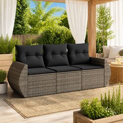 Sturdy 3 Piece Grey Poly Rattan Garden Sofa Set