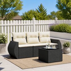 Sturdy 4 Piece Black Rattan Outdoor Sofa Set with Cushions