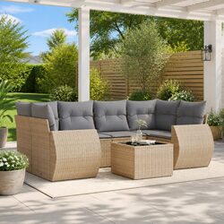 Beige Rattan Outdoor Sofa Set 7-Piece Patio Furniture