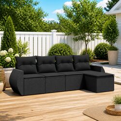 5-Piece Black Poly Rattan Garden Sofa Set