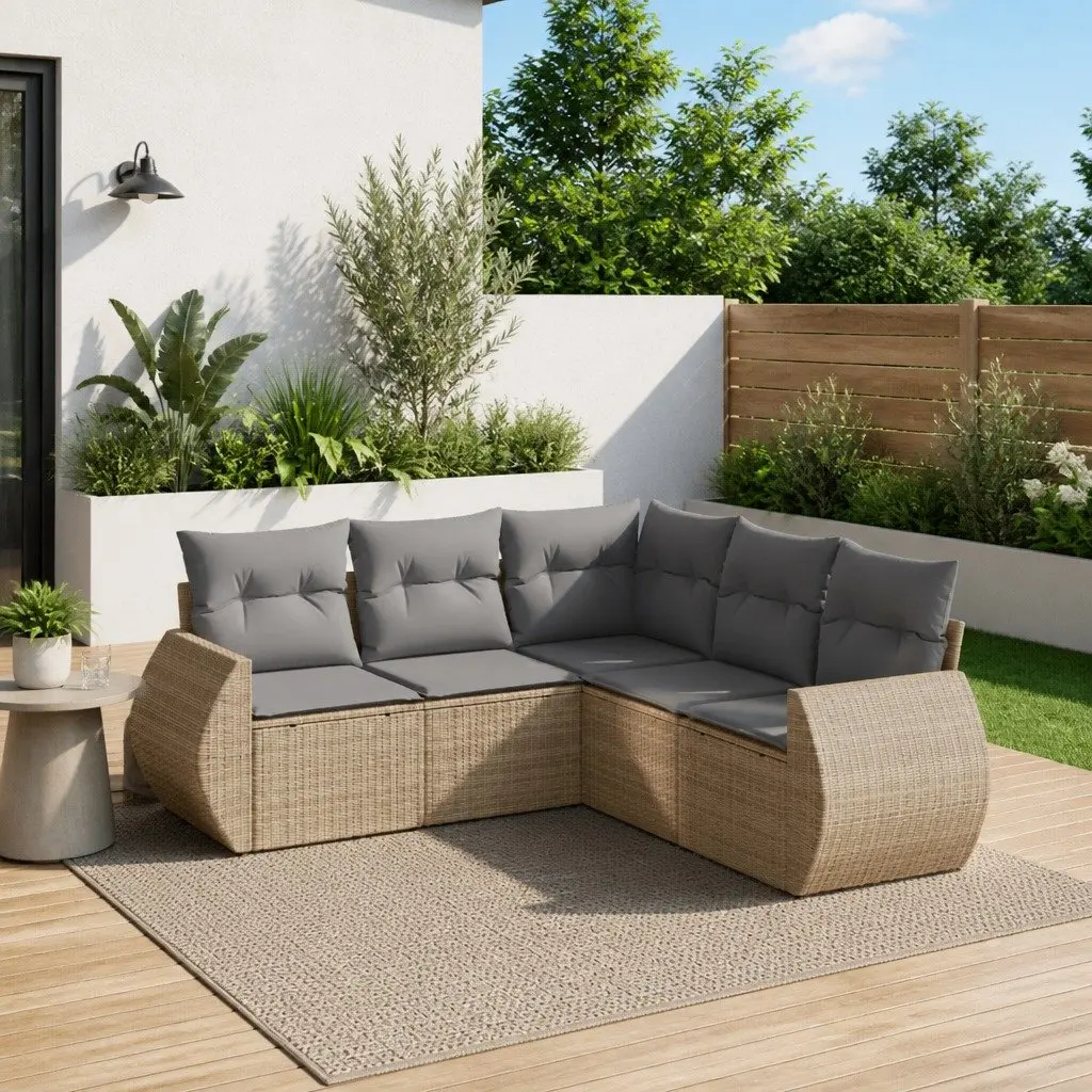 5 Piece Beige Poly Rattan Outdoor Sofa Set with Storage