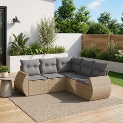 5 Piece Beige Poly Rattan Outdoor Sofa Set with Storage