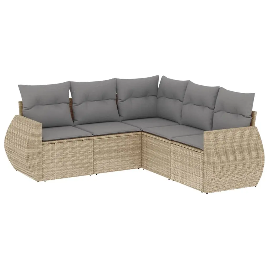 5 Piece Beige Poly Rattan Outdoor Sofa Set with Storage