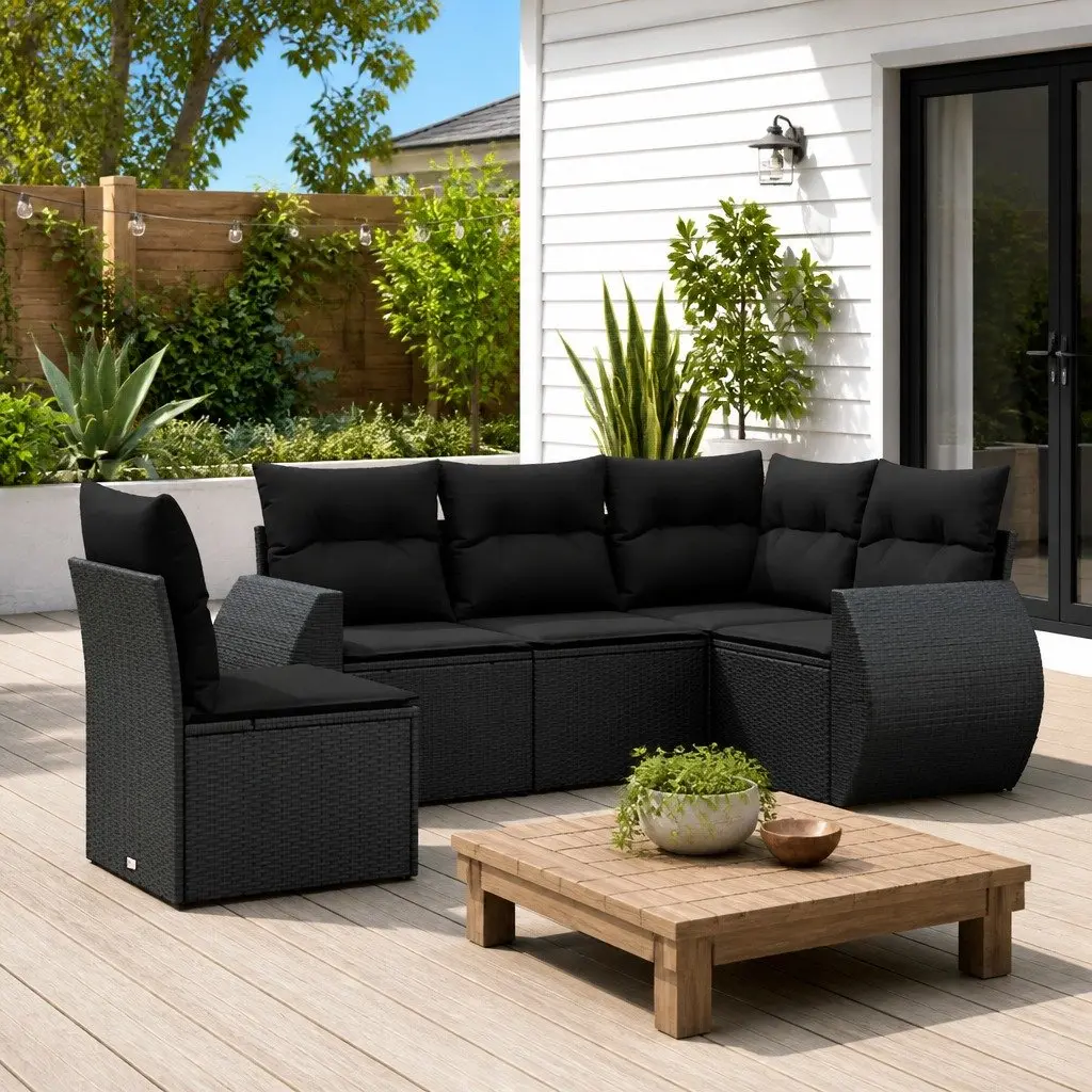 5-Piece Black Rattan Modular Garden Sofa Set