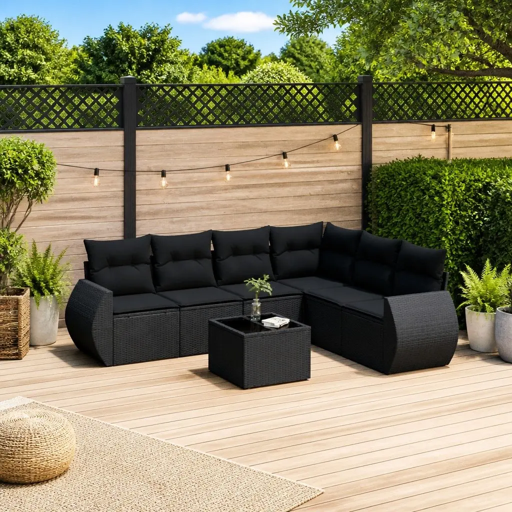 7 Piece Black Garden Sofa Set with Storage