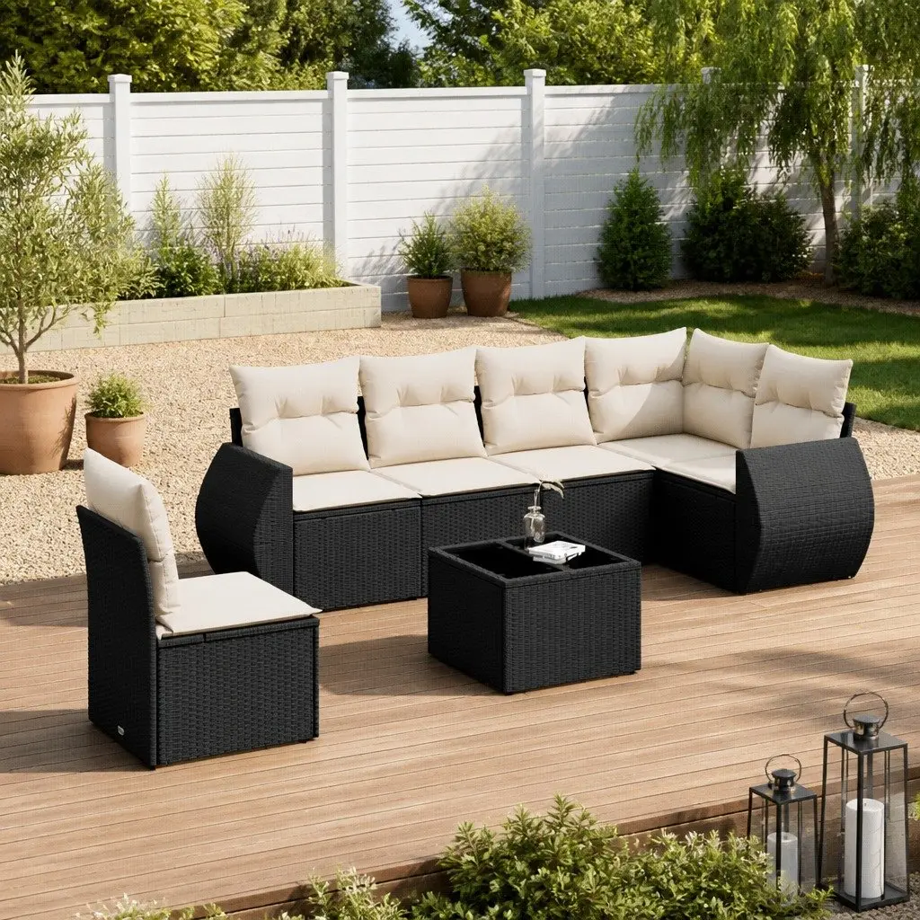 7 Piece Garden Sofa Set PE Rattan Black Outdoor Patio Furniture