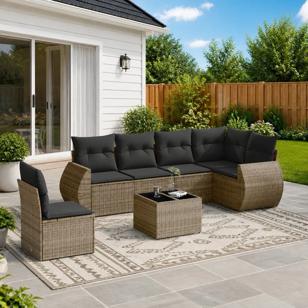 7 Piece Garden Sofa Set PE Rattan Grey Outdoor Furniture Patio Sectional