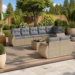 Durable 9-Piece Garden Sofa Set in Beige Poly Rattan