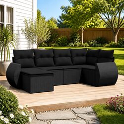 Premium 6 Piece Black Rattan Garden Sofa Set with Cushions