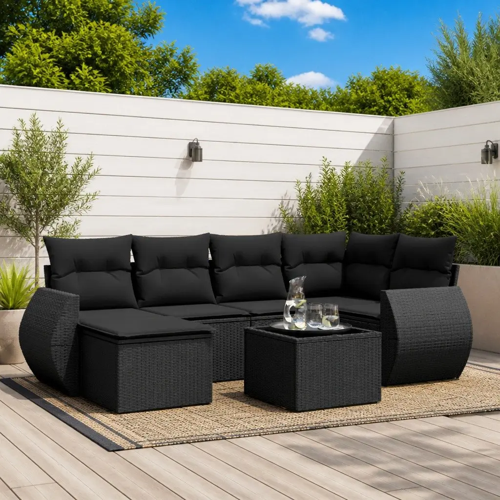 Black Poly Rattan Outdoor Garden Sofa Set 7 Piece