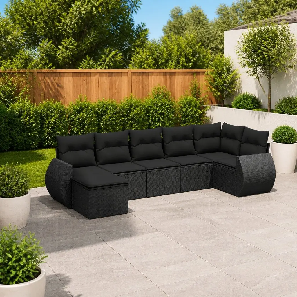 7 Piece Black Poly Rattan Garden Sofa Set