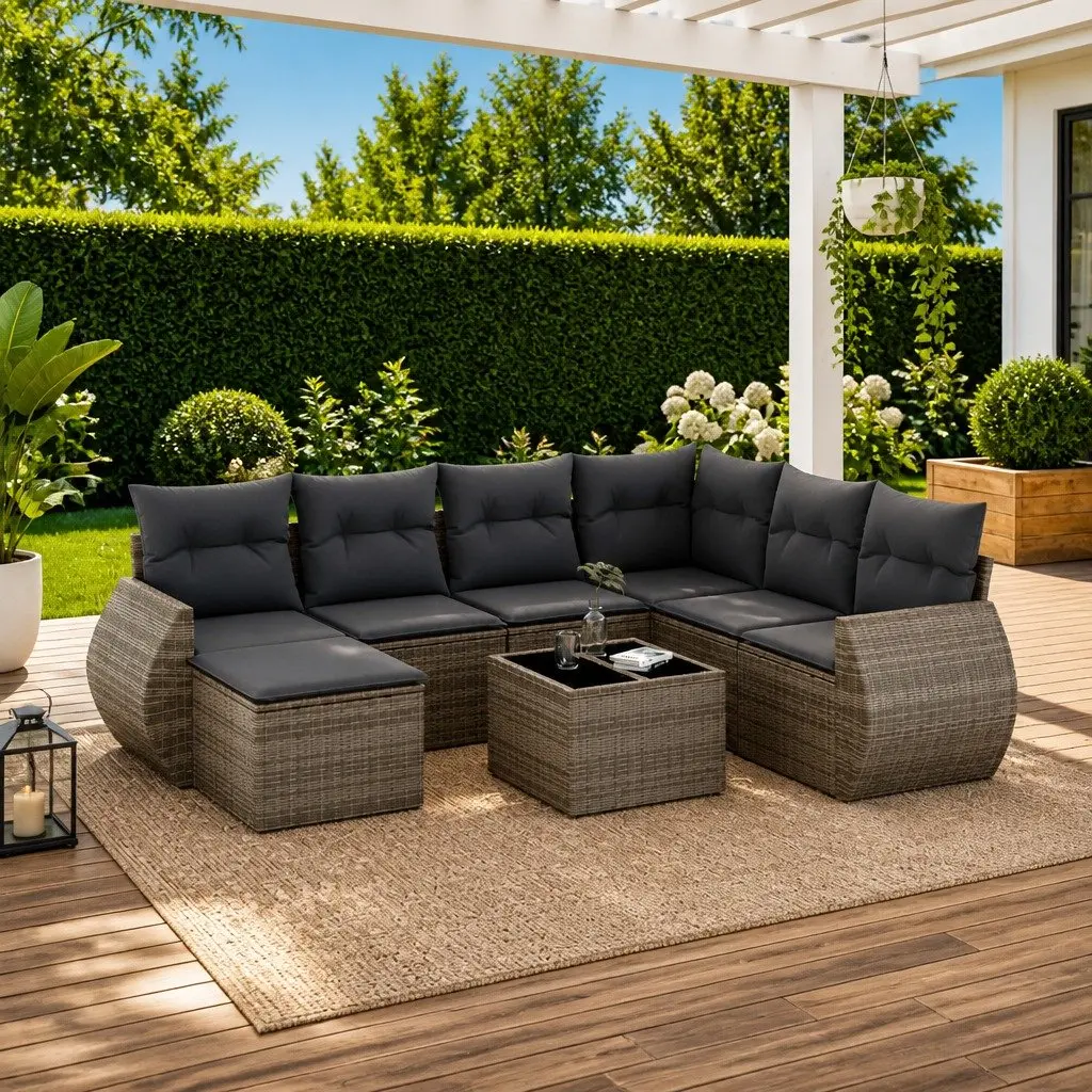 Garden Sofa Set PE Rattan 8 Piece Modular Outdoor Furniture Grey Patio Lounge Seating