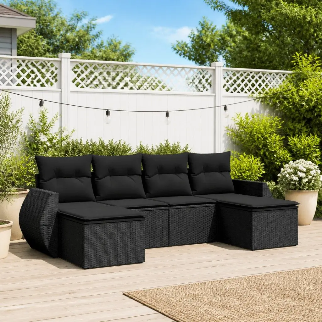6 Piece Black Poly Rattan Garden Sofa Set