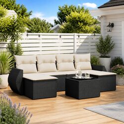 7-Piece Black Poly Rattan Garden Sofa Set for Outdoor Living