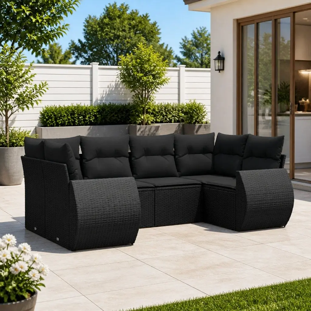 6-Piece Black Poly Rattan Garden Sofa Set with Cushions